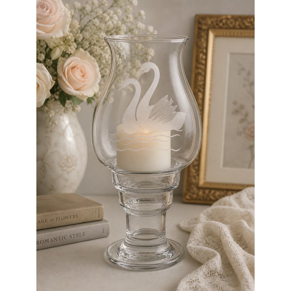 Vintage Lord Carlton Glass Pedestal Hurricane Lamp Etched Swans
